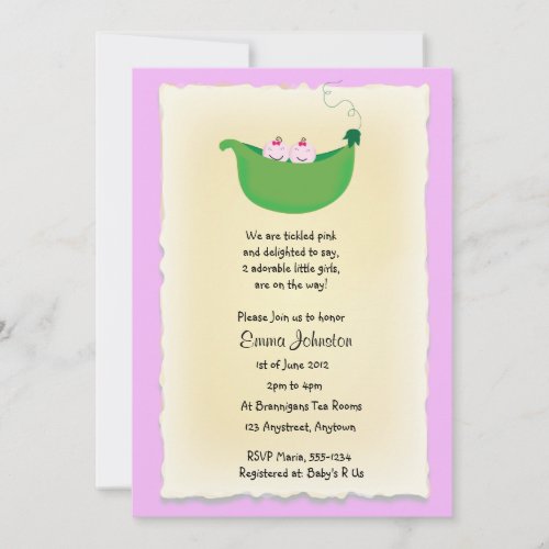 Twin Girl Peas in a Pod baby shower invite