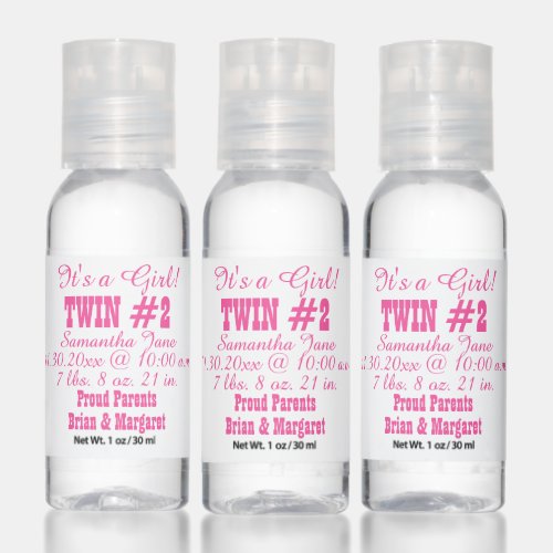 Twin Girl Pink Birth Stats Hand Sanitizer