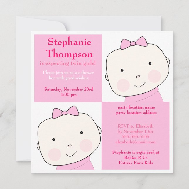 Twin Girl Pink Blocks Baby Shower Invitation (Front)