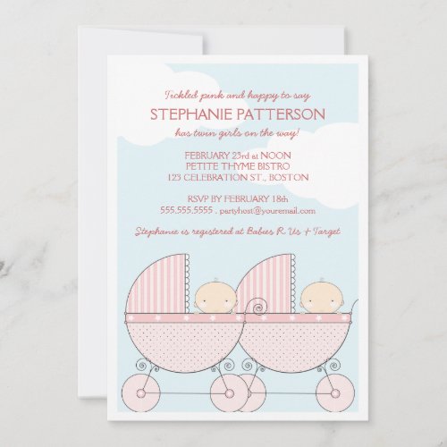 Twin Girl Pink Carriage Happy Baby Shower Invitation