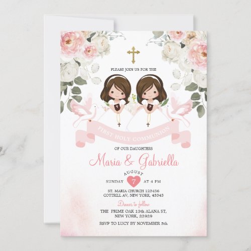 Twin Girl Pink Flowers 1st Holy Communion Gold Invitation