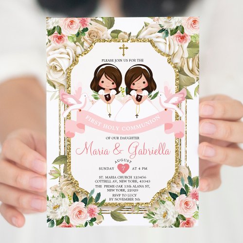 Twin Girl Pink Flowers First Holy Communion Gold Invitation