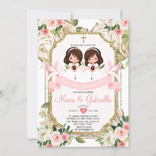 Twin Girl Pink Flowers First Holy Communion Gold Invitation