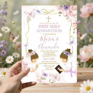 Twin Girl Pink Purple Butterfly 1st Holy Communion Invitation