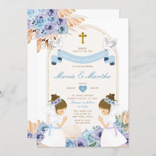 TWIN Girl Praying First Holy Communion Blue Floral Invitation