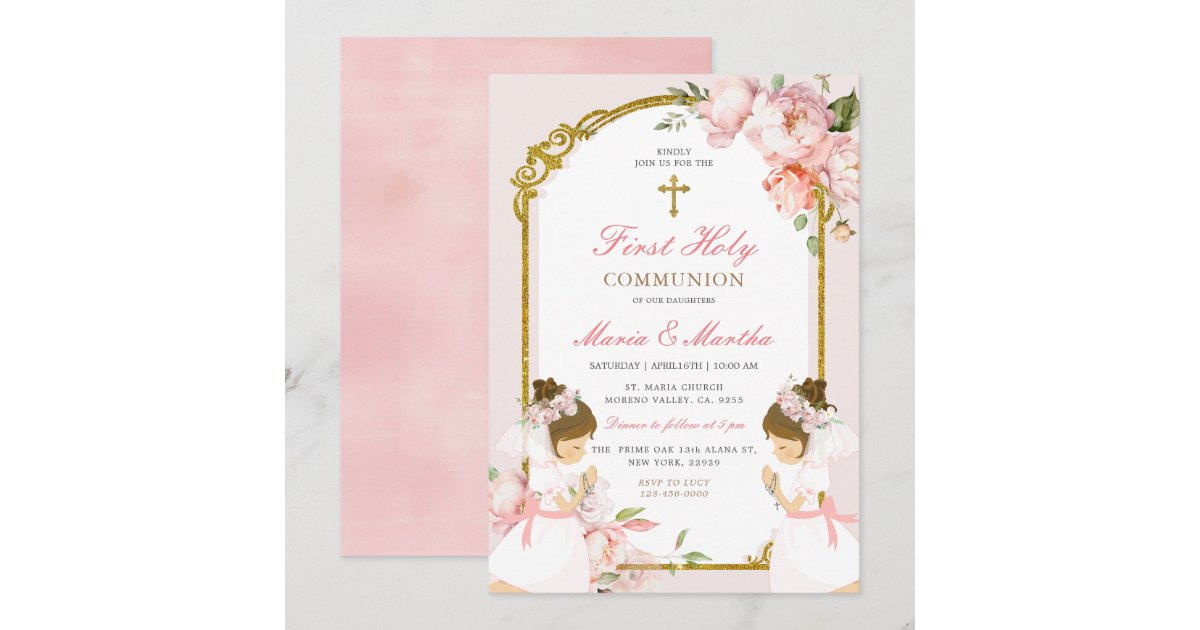 TWIN Girl Praying First Holy Communion Pink Floral Invitation | Zazzle