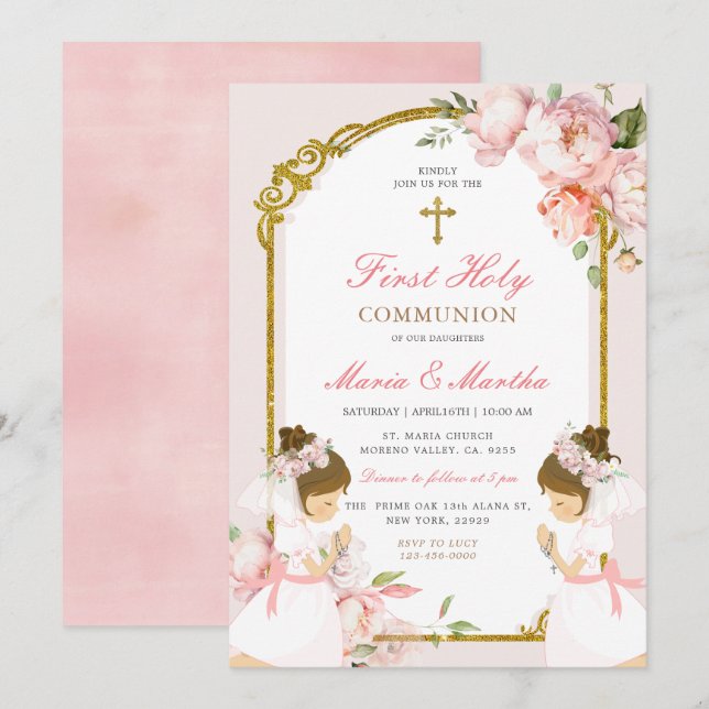 TWIN Girl Praying First Holy Communion Pink Floral Invitation (Front/Back)