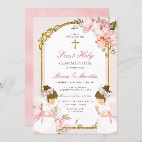 TWIN Girl Praying First Holy Communion Pink Floral Invitation