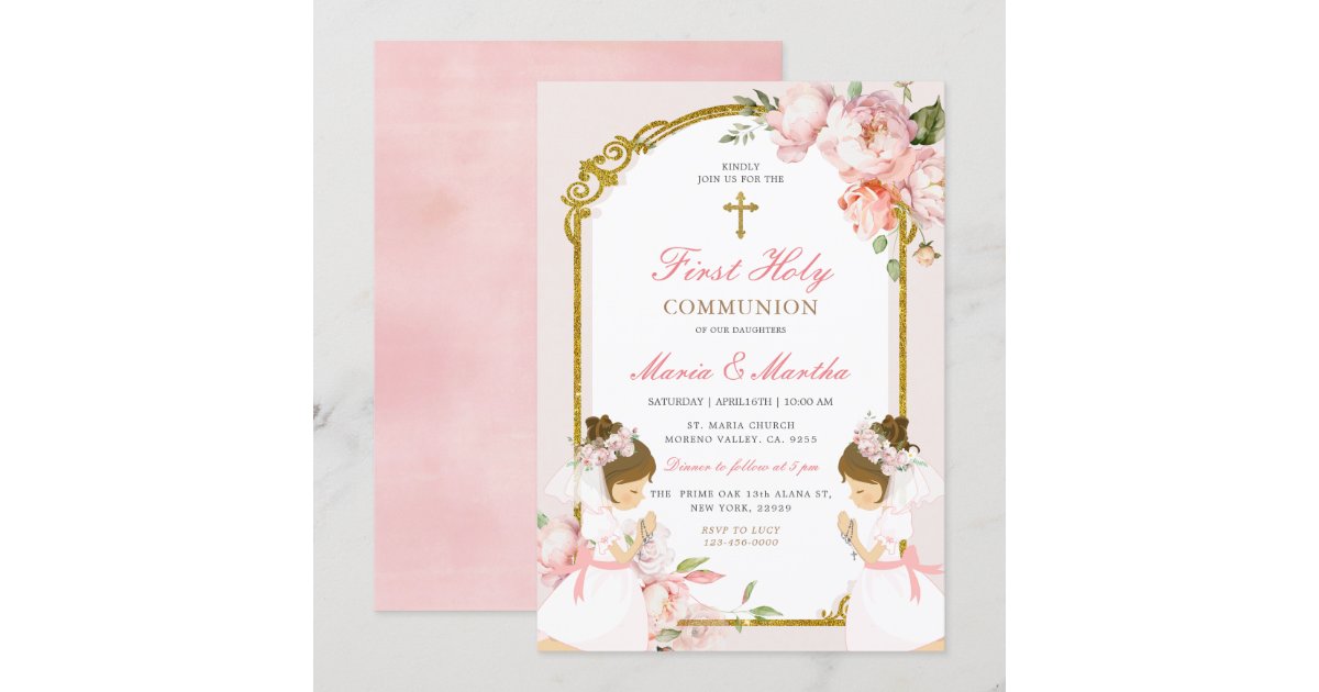 TWIN Girl Praying First Holy Communion Pink Floral Invitation | Zazzle