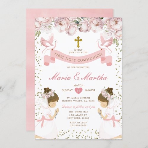 TWIN Girl Praying First Holy Communion Pink Floral Invitation