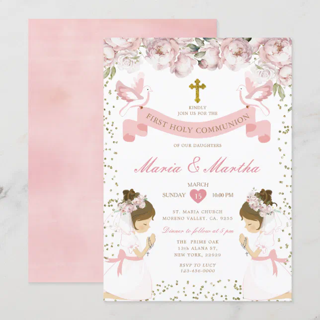 TWIN Girl Praying First Holy Communion Pink Floral Invitation | Zazzle