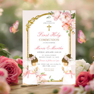 TWIN Girl Praying First Holy Communion Pink Floral Invitation