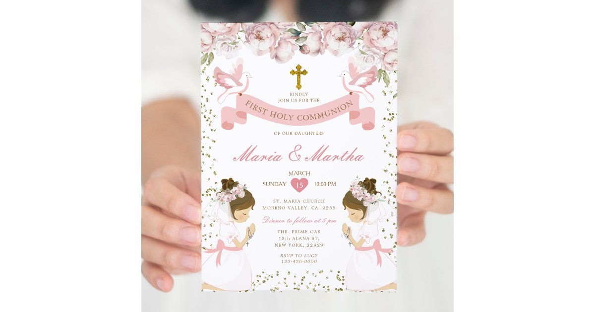 TWIN Girl Praying First Holy Communion Pink Floral Invitation | Zazzle
