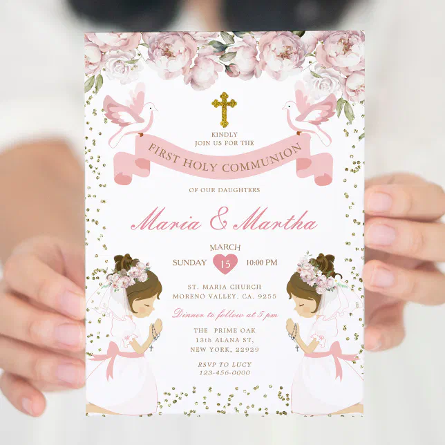 TWIN Girl Praying First Holy Communion Pink Floral Invitation | Zazzle