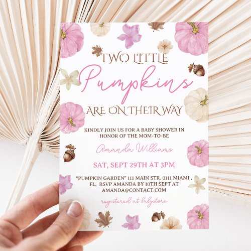 Twin Girl Pumpkins Pink Floral Baby Shower Invitation