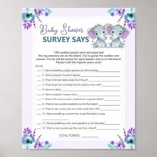 Twin Girl Survey Says Baby Shower Game Purple Teal Poster