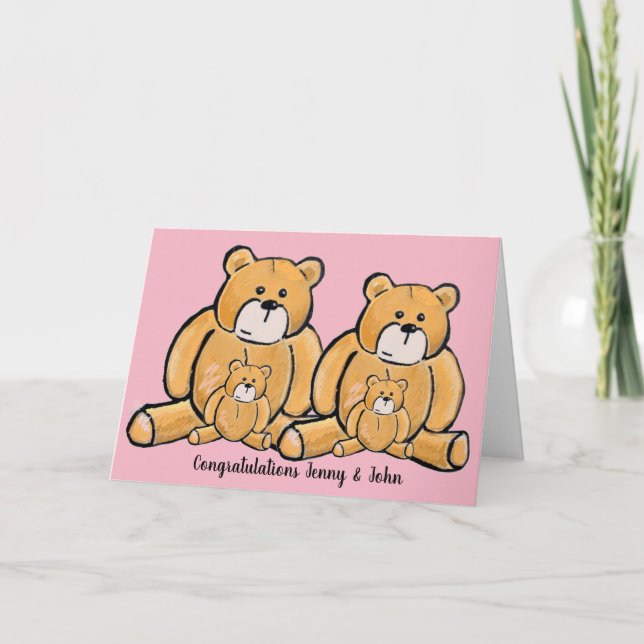 Twin girl teddy bear congratulations card (Front)