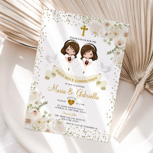 Twin Girl White Flower 1st Holy Communion Gold Invitation