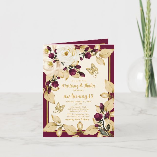 Twin Girls 15th Birthday Ivory Burgundy Gold Photo Invitation (Front)