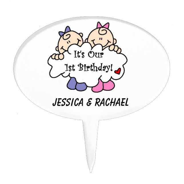 Twin Girls 1st Birthday Cake Topper (Front)