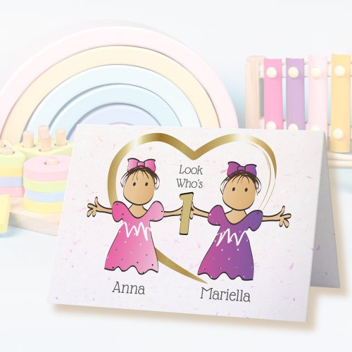 Twin Girls 1st Birthday Ethnic Sweet Personalized  Card