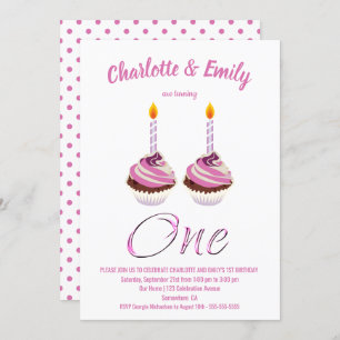 Twin Girls 1st Birthday Pink Cupcake Party Invitation