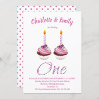 Twin Girls 1st Birthday Pink Cupcake Party Invitation