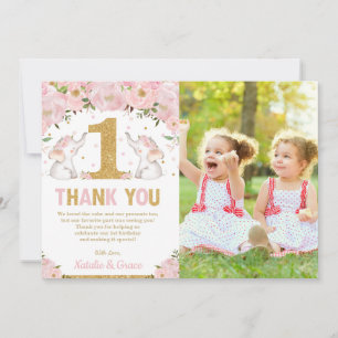 Twin Girls 1st Birthday Pink Floral Elephant Photo Thank You Card