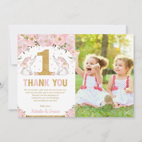 Twin Girls 1st Birthday Pink Floral Elephant Photo Thank You Card