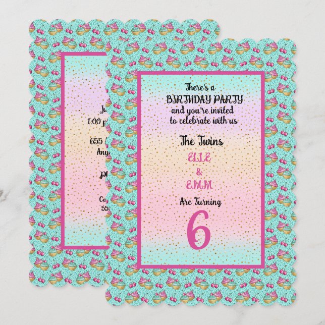 Twin Girls 6th Birthday Party Invitation (Front/Back)