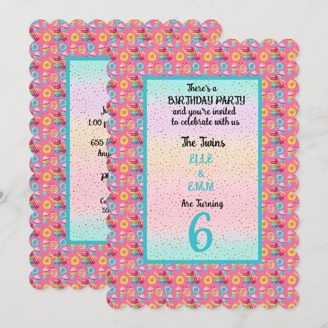 Twin Girls 6th Birthday Party Invitation (Front/Back)