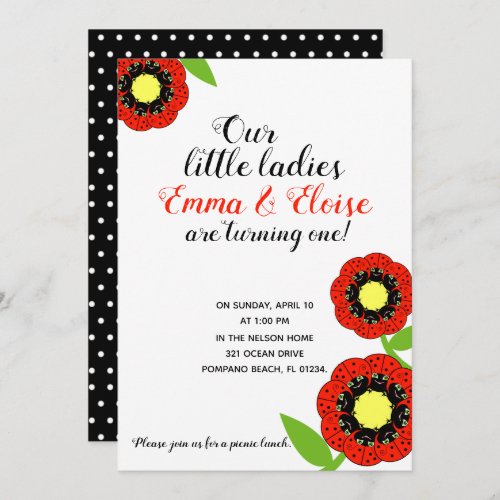 twin girls ANY AGE ladybug BIRTHDAY PARTY picnic Invitation