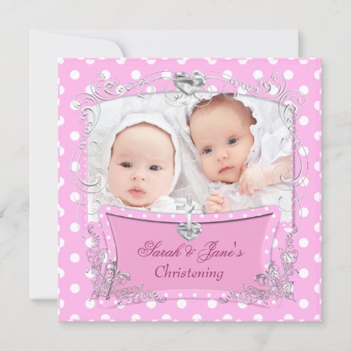 Twin Girls Baby Christening Baptism Pink Announcement