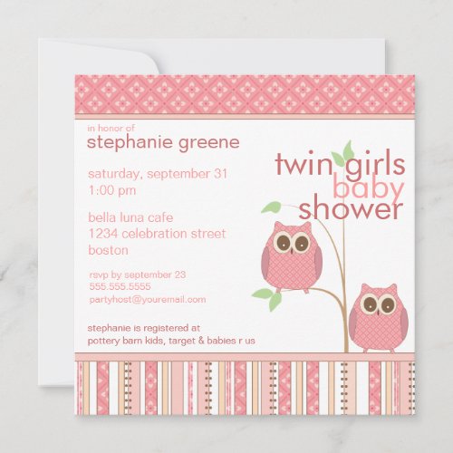 Twin Girls Baby Owl PInk Baby Shower Personalized Invites
