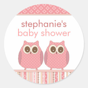 Twin Girls Baby Owls Personalized Shower Stickers