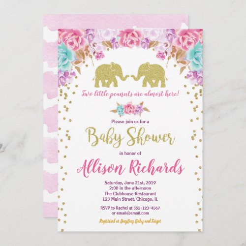 Twin girls baby shower elephants pink gold invitation