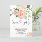 Twin girls baby shower floral watercolors invitation (Standing Front)