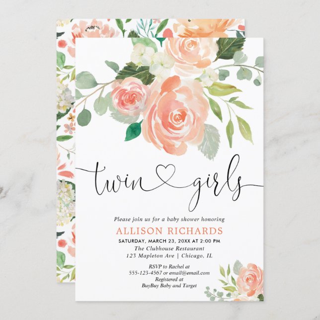 Twin girls baby shower floral watercolors invitation (Front/Back)