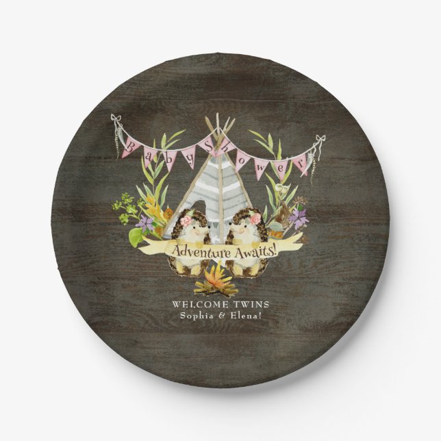 Twin Girls Baby Shower Hedgehog Adventure BOHO art Paper Plates (Front)
