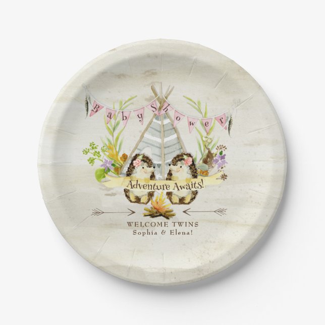 Twin Girls Baby Shower Hedgehog Birch Bark BOHO Paper Plates (Front)