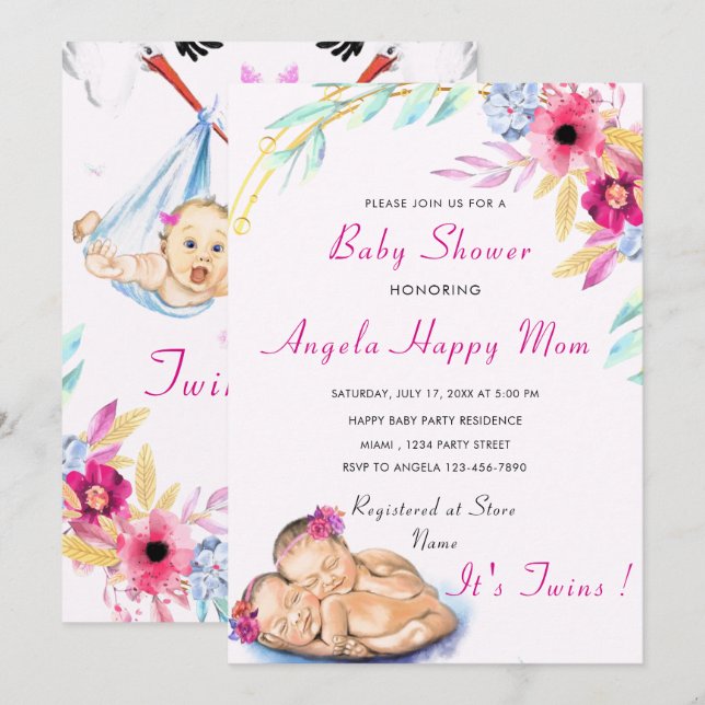 Twin Girls Baby Shower Invitation - Custom Color (Front/Back)