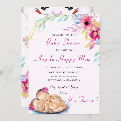 Twin Girls Baby Shower Invitation _ Custom Color