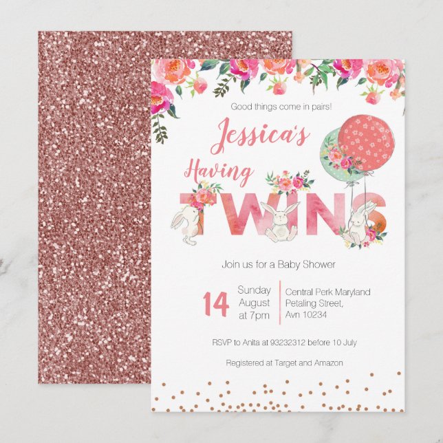 Twin Girls Baby Shower Invitations (Front/Back)