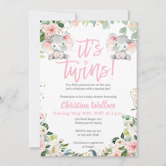 Twin Girls Baby Shower Invitations with Elephants (Front)