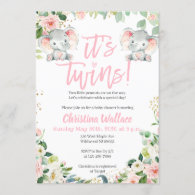 Twin Girls Baby Shower Invitations with Elephants