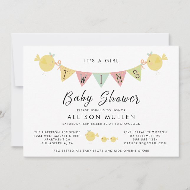Twin Girls Baby Shower | Mommy Bird & Chicks Invitation (Front)