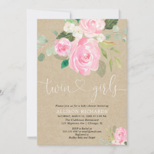 Twin girls baby shower rustic blush pink floral invitation
