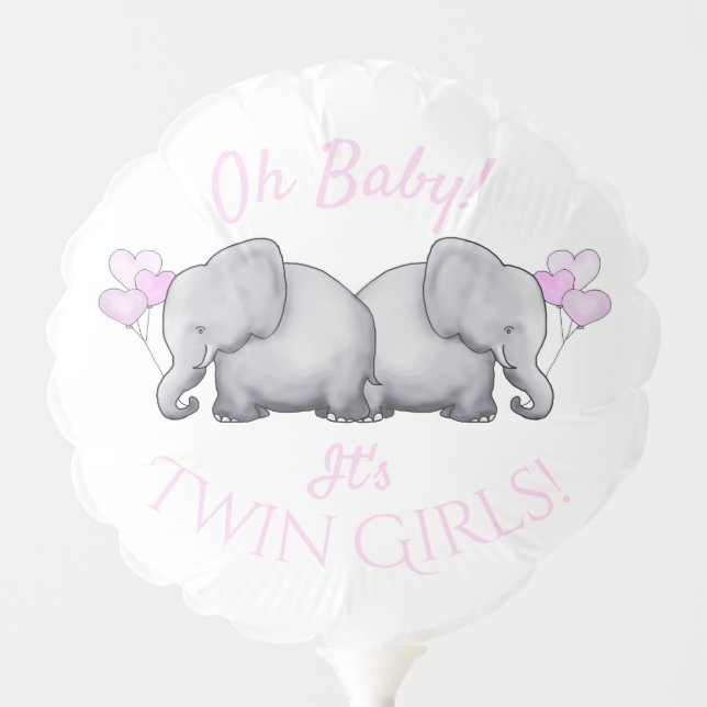 Twin Girls Baby Shower Sweet Pink Elephant Hearts Balloon (Front)