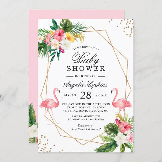 Twin Girls Baby Shower Tropical Floral Flamingos Invitation (Front/Back)