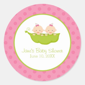 Twin Girls Baby Shower  Two Peas In A Pod Classic Round Sticker by NoteworthyPrintables at Zazzle